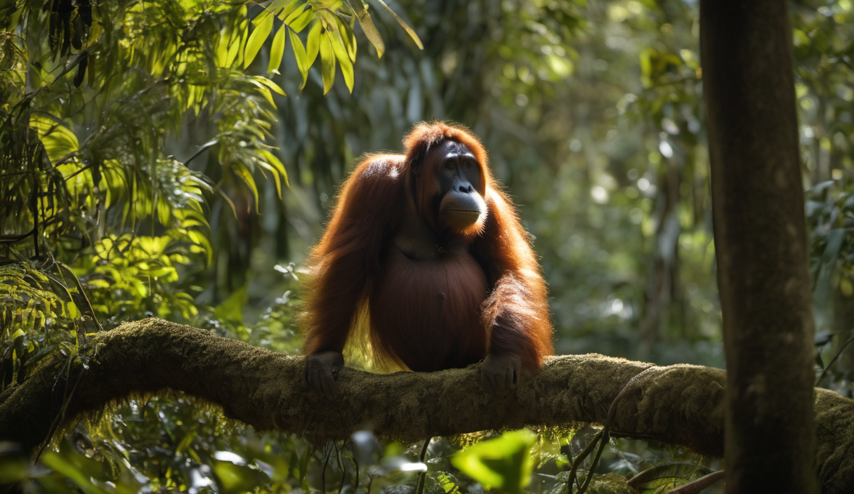 AI-generated image: A large, reddish-brown orangutan is perched on a thick, moss-covered branch in a dense, green forest.