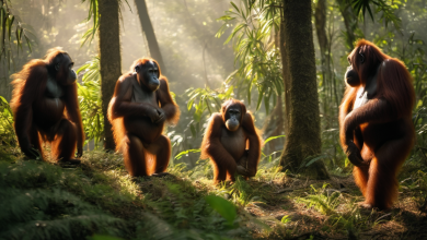 AI-generated image: The image shows four orangutans sitting on the ground in a forest setting.