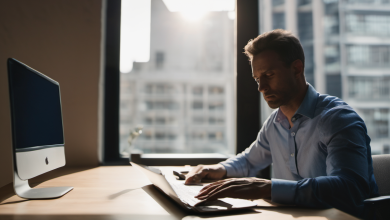 AI-generated image: A man is sitting at a desk and typing on a keyboard.