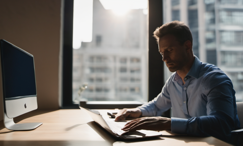 AI-generated image: A man is sitting at a desk and typing on a keyboard.