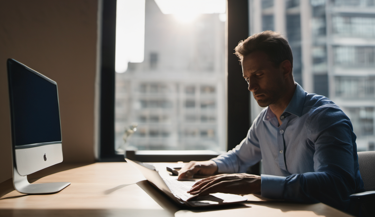 AI-generated image: A man is sitting at a desk and typing on a keyboard.