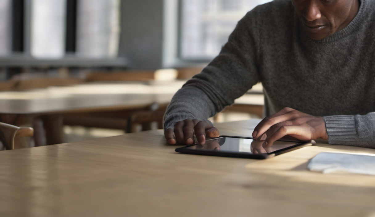 AI-generated image: A man is sitting at a light-colored wooden table.