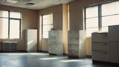 AI-generated image: The image shows a large, empty office room with a beige color scheme.