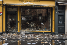 AI-generated image: The image shows a storefront with shattered windows and a damaged door.