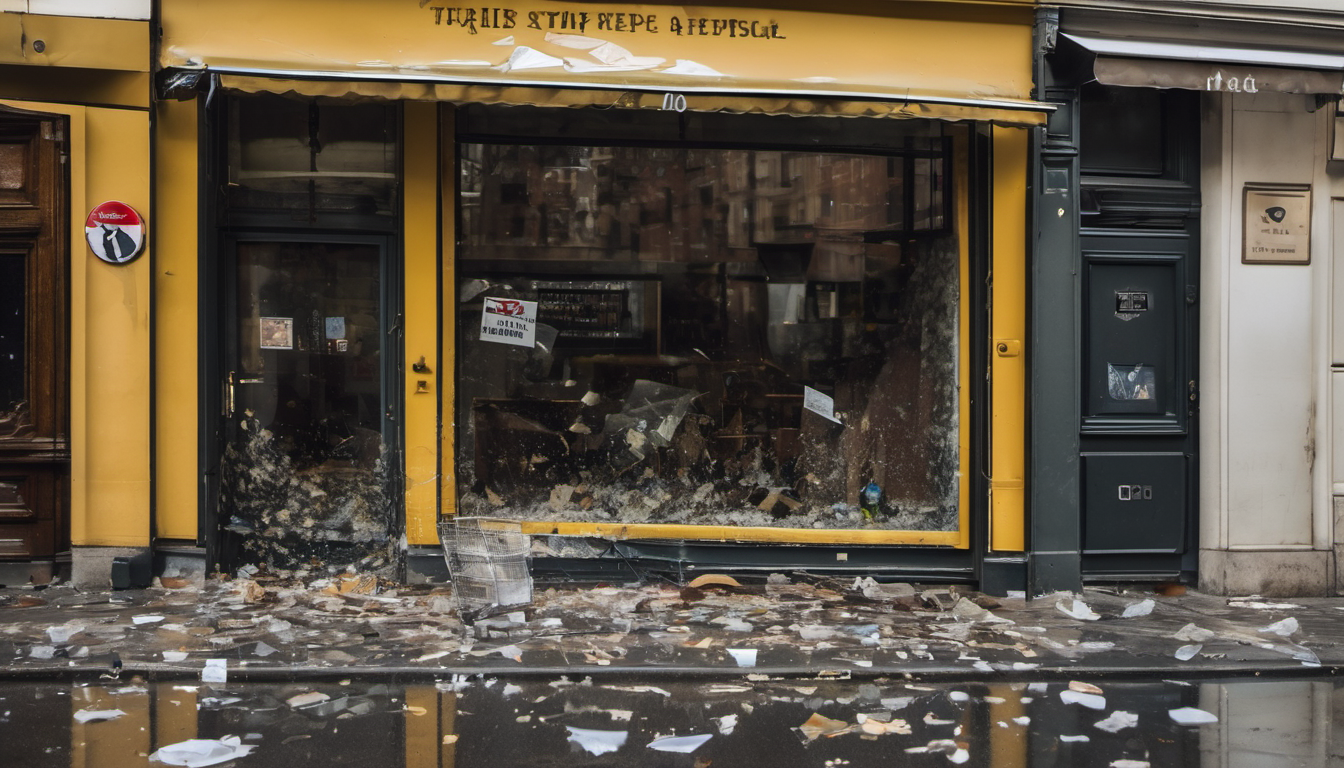 AI-generated image: The image shows a storefront with shattered windows and a damaged door.