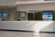 AI-generated image: A white reception desk with a wooden front panel is the main subject.