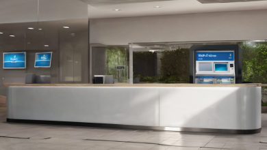 AI-generated image: A white reception desk with a wooden front panel is the main subject.