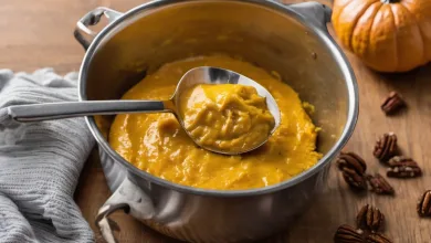 AI-generated image: A stainless steel pot filled with orange-colored mashed pumpkin is the main subject.