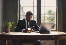 AI-generated image: A man wearing a black suit, white shirt, and a black tie is seated at a large wooden table.