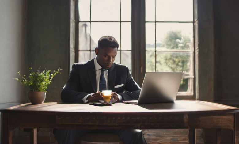 AI-generated image: A man wearing a black suit, white shirt, and a black tie is seated at a large wooden table.