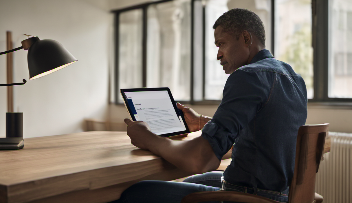 AI-generated image: A man is sitting at a wooden desk.