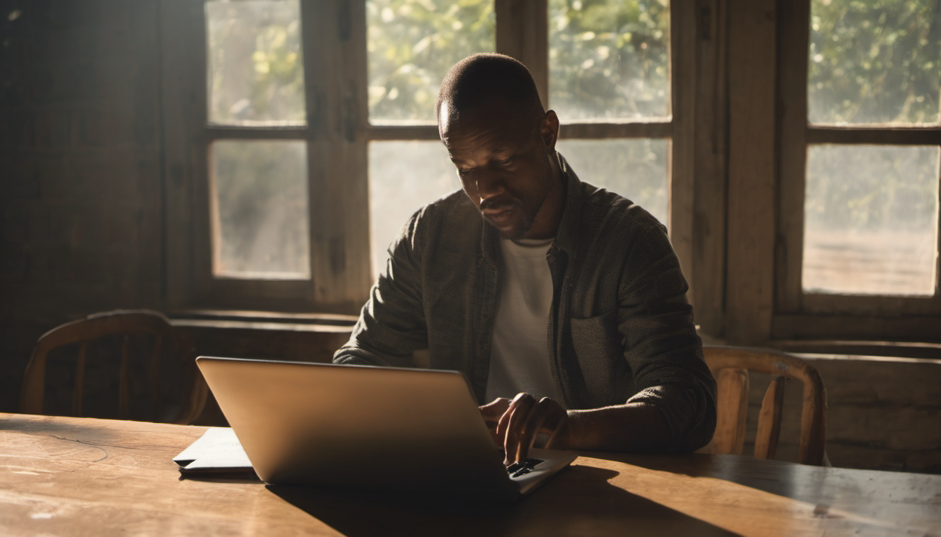 AI-generated image: A man is sitting at a wooden table, working on a laptop.