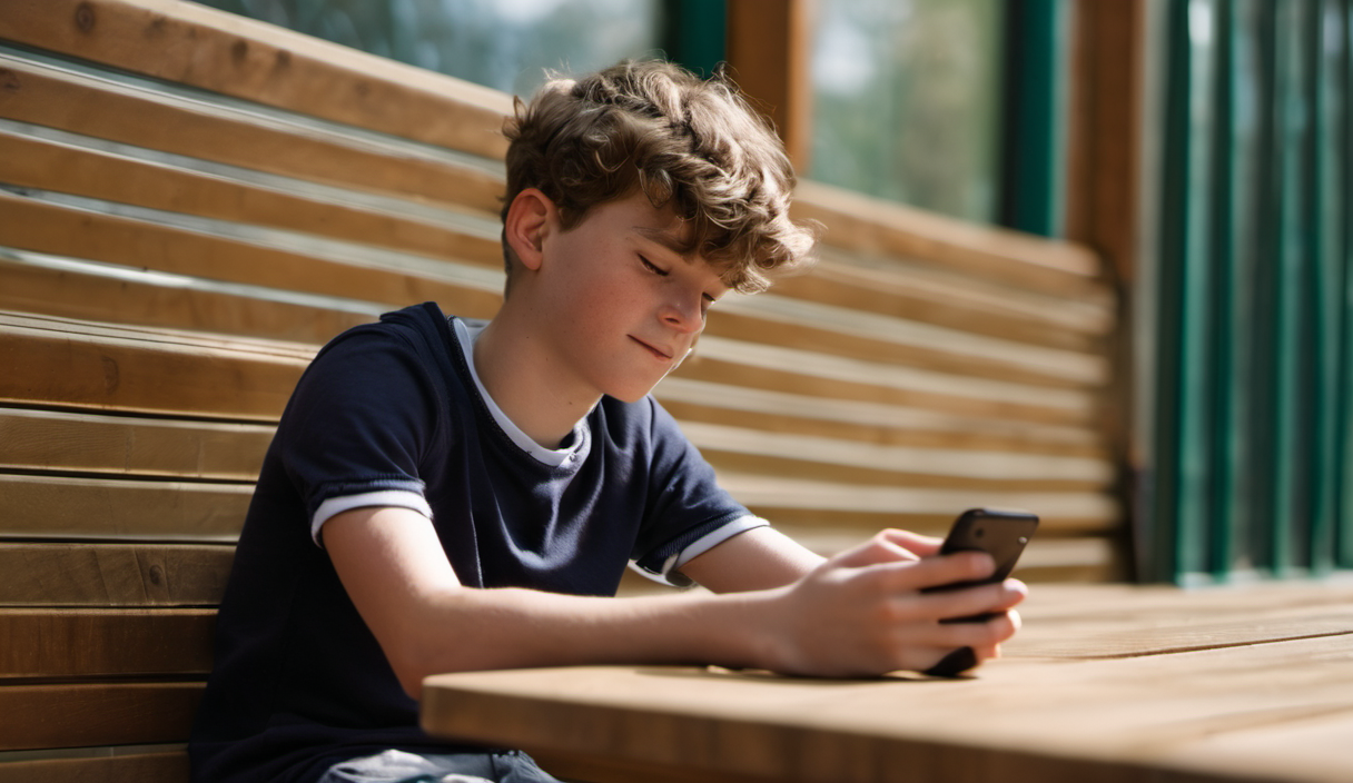 AI-generated image: A young boy with curly brown hair is sitting on a wooden bench.
