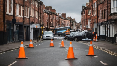 AI-generated image: The image shows a wet, dark street in a residential area.