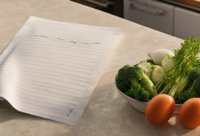 AI-generated image: A light-colored kitchen countertop with a white notepad and pen lying on it.