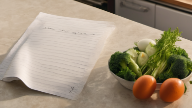 AI-generated image: A light-colored kitchen countertop with a white notepad and pen lying on it.