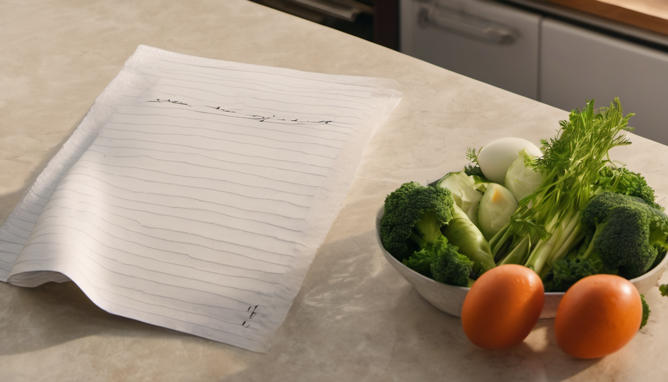 AI-generated image: A light-colored kitchen countertop with a white notepad and pen lying on it.