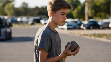 AI-generated image: A young boy with light brown hair is in the foreground, holding a dark gray rock in his right hand.