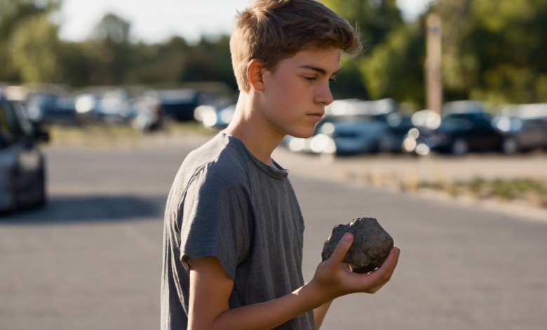 AI-generated image: A young boy with light brown hair is in the foreground, holding a dark gray rock in his right hand.