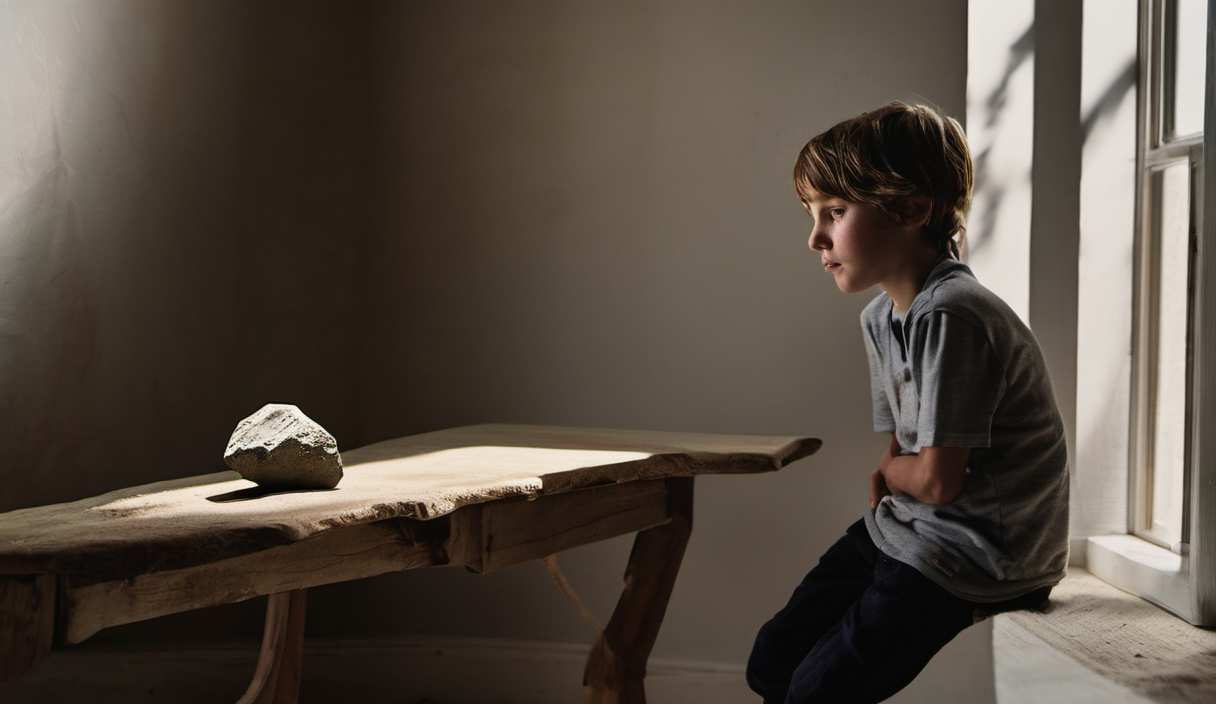 AI-generated image: A young boy is sitting on a window sill.