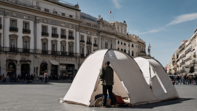 AI-generated image: The main foreground subject is a large, white, fabric tent with a peaked roof.
