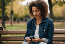 AI-generated image: A young woman with curly dark hair is sitting on a wooden park bench.