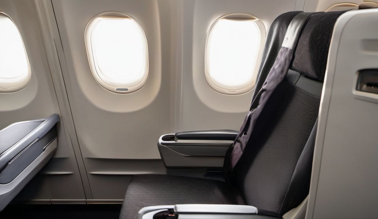 AI-generated image: The image shows an airplane seat in a cabin.