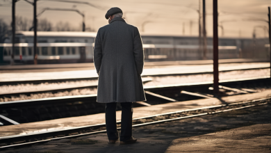 AI-generated image: A man is standing on a platform, facing away from the viewer.