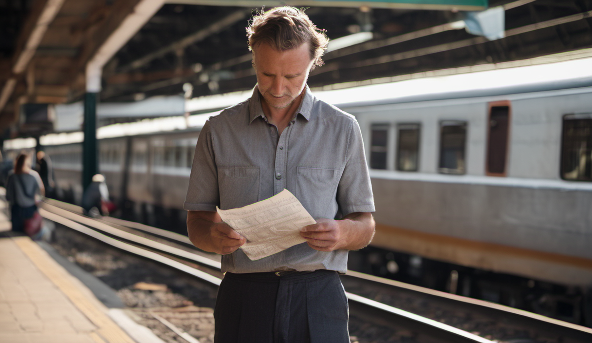 AI-generated image: A middle-aged man is standing on a train platform.