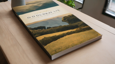 AI-generated image: A book titled "A Golden Life" is lying on a light-colored wooden table.