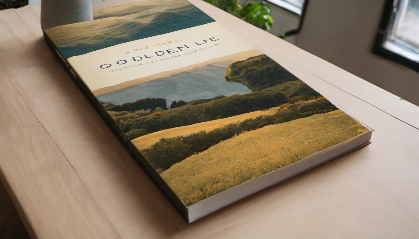 AI-generated image: A book titled "A Golden Life" is lying on a light-colored wooden table.