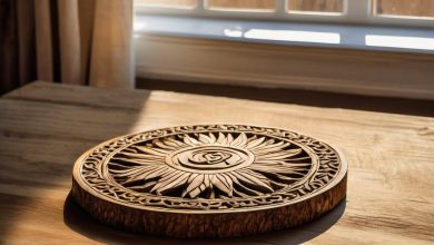 AI-generated image: A circular wooden tray with a detailed relief carving of a sun-like design in the center.