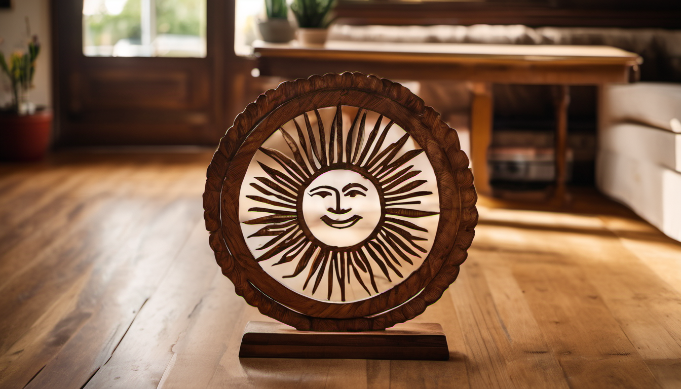 AI-generated image: A wooden sun sculpture with a smiling face and radiating rays is the main foreground subject.