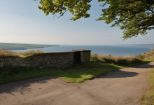 AI-generated image: A stone structure with a dark doorway and a small, flat roof sits on a grassy hill overlooking the ocean.