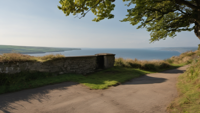 AI-generated image: A stone structure with a dark doorway and a small, flat roof sits on a grassy hill overlooking the ocean.