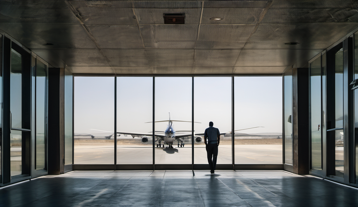 AI-generated image: The image shows a man in a dark-colored shirt and pants standing in a modern airport terminal.