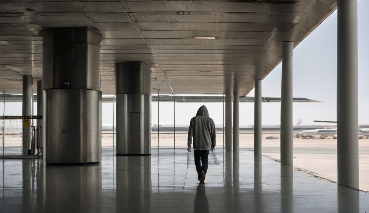 AI-generated image: A person wearing a gray hooded sweatshirt and dark pants is walking away from the camera in a large, empty airport terminal.