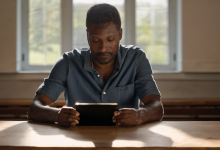 AI-generated image: A man is sitting at a wooden table.