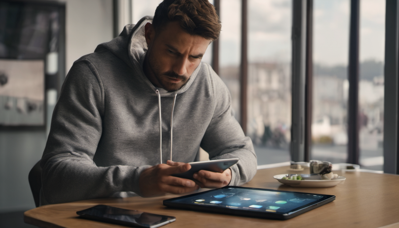 AI-generated image: A man is sitting at a wooden table, wearing a gray hoodie.