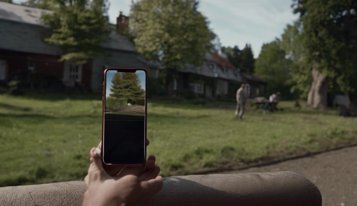 AI-generated image: A person is holding a smartphone in their hand, displaying a live view of a grassy field with a red building in the background.