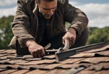 AI-generated image: A man is kneeling on a rooftop, working on a shingle.