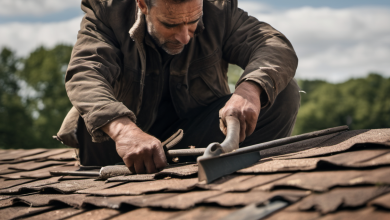 AI-generated image: A man is kneeling on a rooftop, working on a shingle.