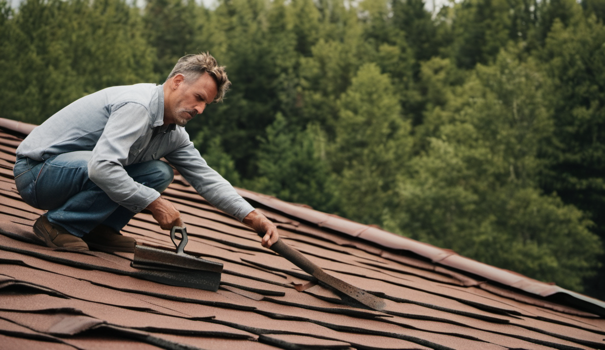 AI-generated image: A middle-aged man is kneeling on a dark brown tiled roof, wearing a gray long-sleeved shirt, dark jeans, and brown shoes.