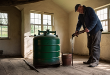 AI-generated image: A man is standing in a room, bending over and operating a green cylindrical tank.