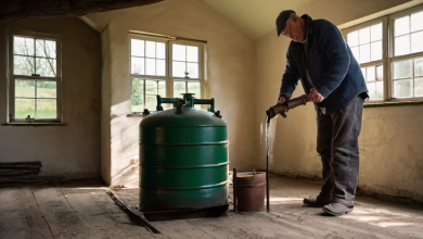 AI-generated image: A man is standing in a room, bending over and operating a green cylindrical tank.