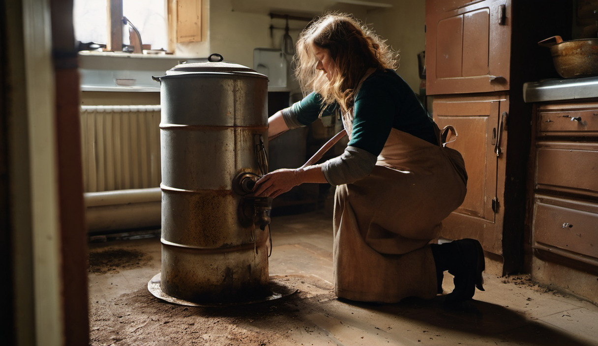 AI-generated image: A young woman is kneeling on a wooden floor, bending over a large, cylindrical metal object.