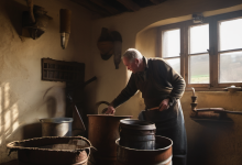 AI-generated image: The image shows an elderly man wearing a gray shirt and apron, standing in a room with a window.