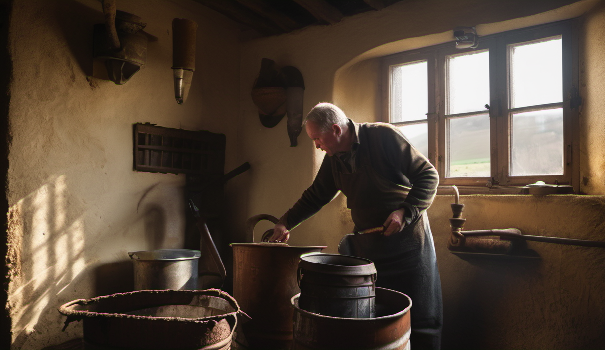 AI-generated image: The image shows an elderly man wearing a gray shirt and apron, standing in a room with a window.