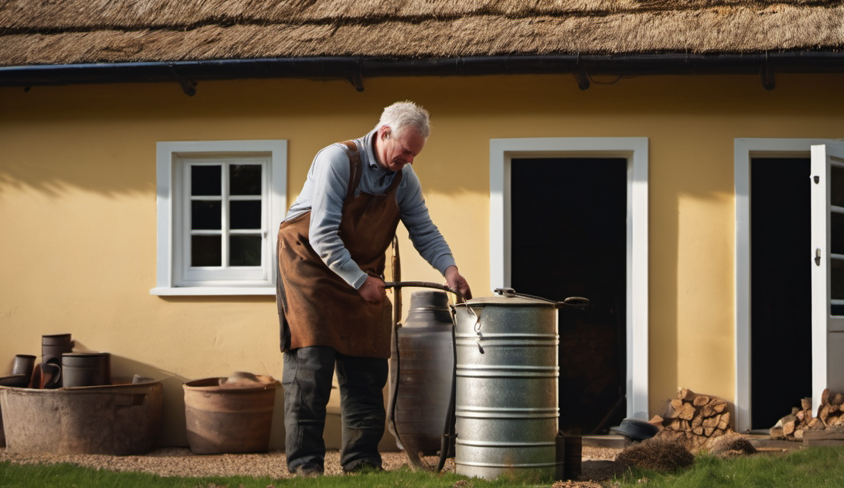 AI-generated image: A middle-aged man wearing a gray shirt, dark trousers, and a brown apron is standing outdoors in front of a yellow building.
