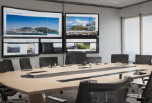 AI-generated image: A large, rectangular conference table dominates the scene, surrounded by modern, gray chairs.